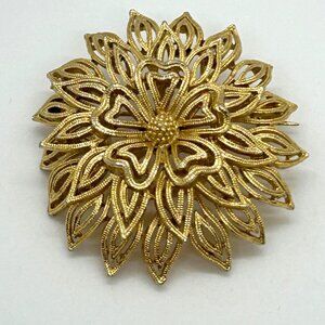 Vintage Lisner Flower Brooch Gold Tone 3D Dome Layered Floral Mid-Century